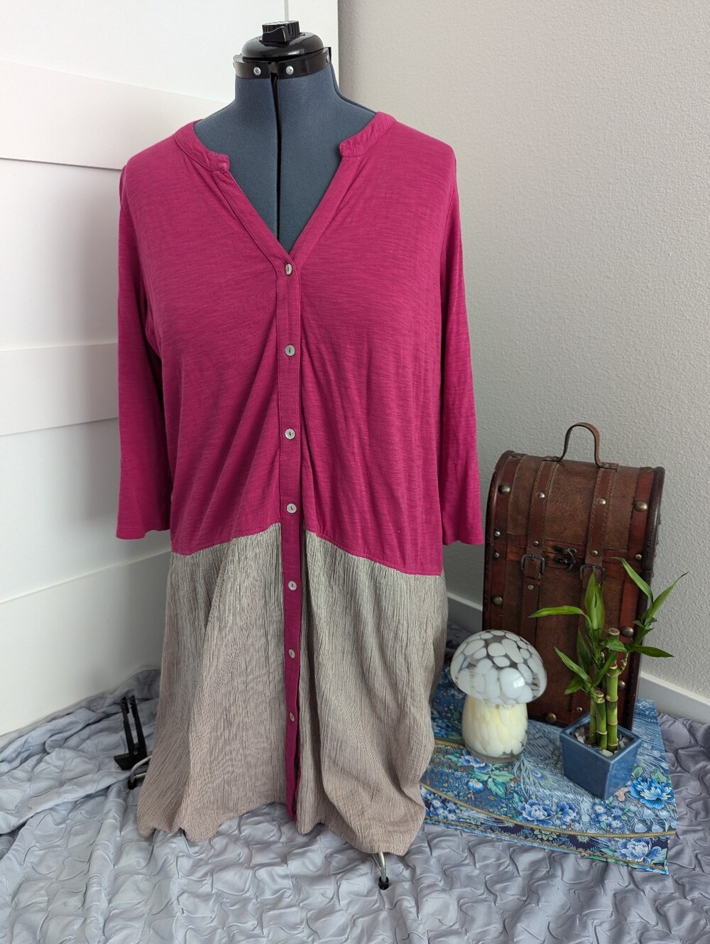 LOGO Lori Goldstein Pink Woven Panel Shirt Dress - L